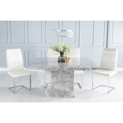 Turin Marble Dining Table Set, Square Grey Top and Pedestal Base with Arabella Cream Faux Leather Chairs