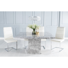 Turin Marble Dining Table Set, Square Grey Top and Pedestal Base with Arabella Cream Faux Leather Chairs