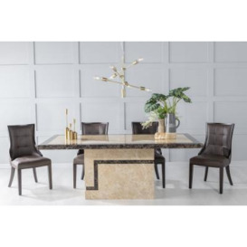 Venice Marble Dining Table Set, Rectangular Cream Top and Pedestal Base with Paris Brown Faux Leather Chairs