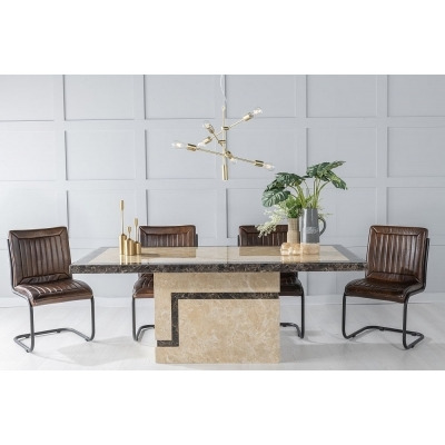 Venice Marble Dining Table Set, Rectangular Cream Top and Pedestal Base with Felix Industrial Brown Leather Chairs