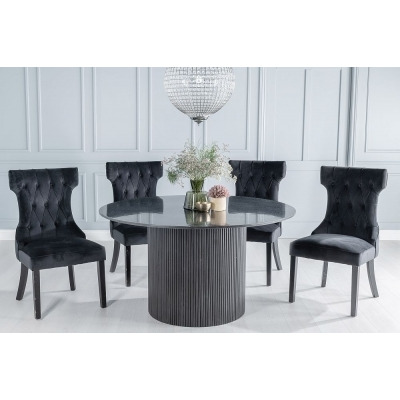 Carra Marble Dining Table Black, Round Top and Fluted Ribbed Drum Base with Courtney Black Fabric Chairs