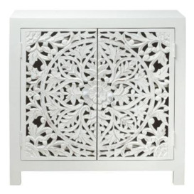 Boho White Washed Light Distressed Carved Mango Wood Compact Small Sideboard - 89cm