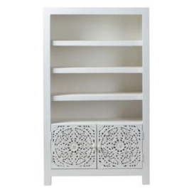 Boho White Washed Light Distressed Carved Mango Wood Bookcase - 2 Doors