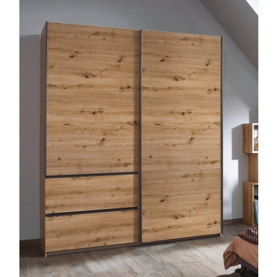 Sevilla Artisan Oak 2 Door 2 Drawer Combi Sliding Wardrobe with Metallic Grey Handle Strips - 175cm - image 1