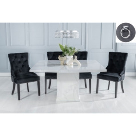 Turin Marble Dining Table Set, Rectangular White Top and Pedestal Base and Black Fabric Knocker Back Chairs with Black Legs