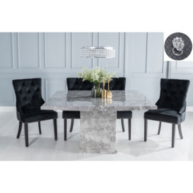Turin Marble Dining Table Set, Rectangular Grey Top and Pedestal Base and Black Fabric Lion Head Ring Back Chairs with Black Legs