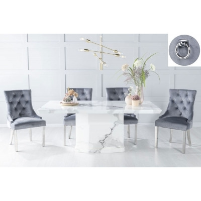 Naples Marble Dining Table Set, Rectangular White Top and Pedestal Base and Grey Fabric Knocker Back Chairs with Chrome Legs