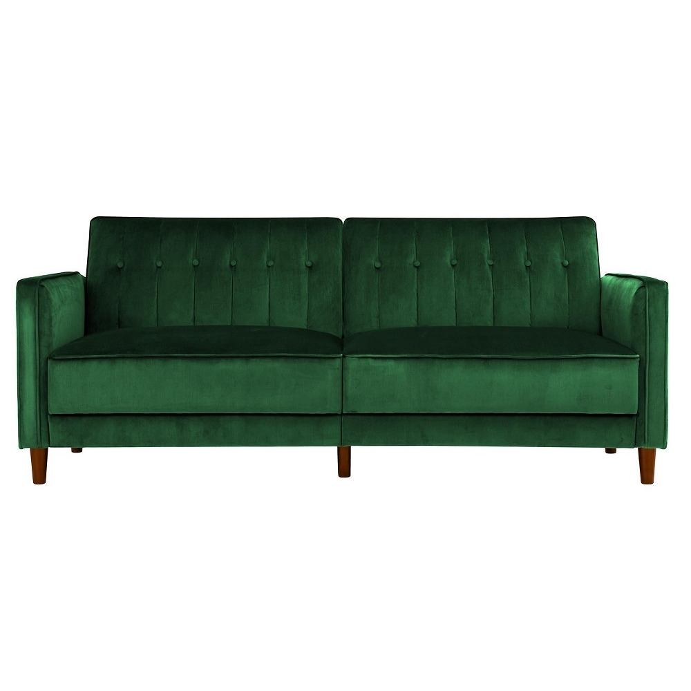 Alphason Pin Tufted Transitional Futon Green Velvet Fabric 2 Seater Sofa Bed - image 1