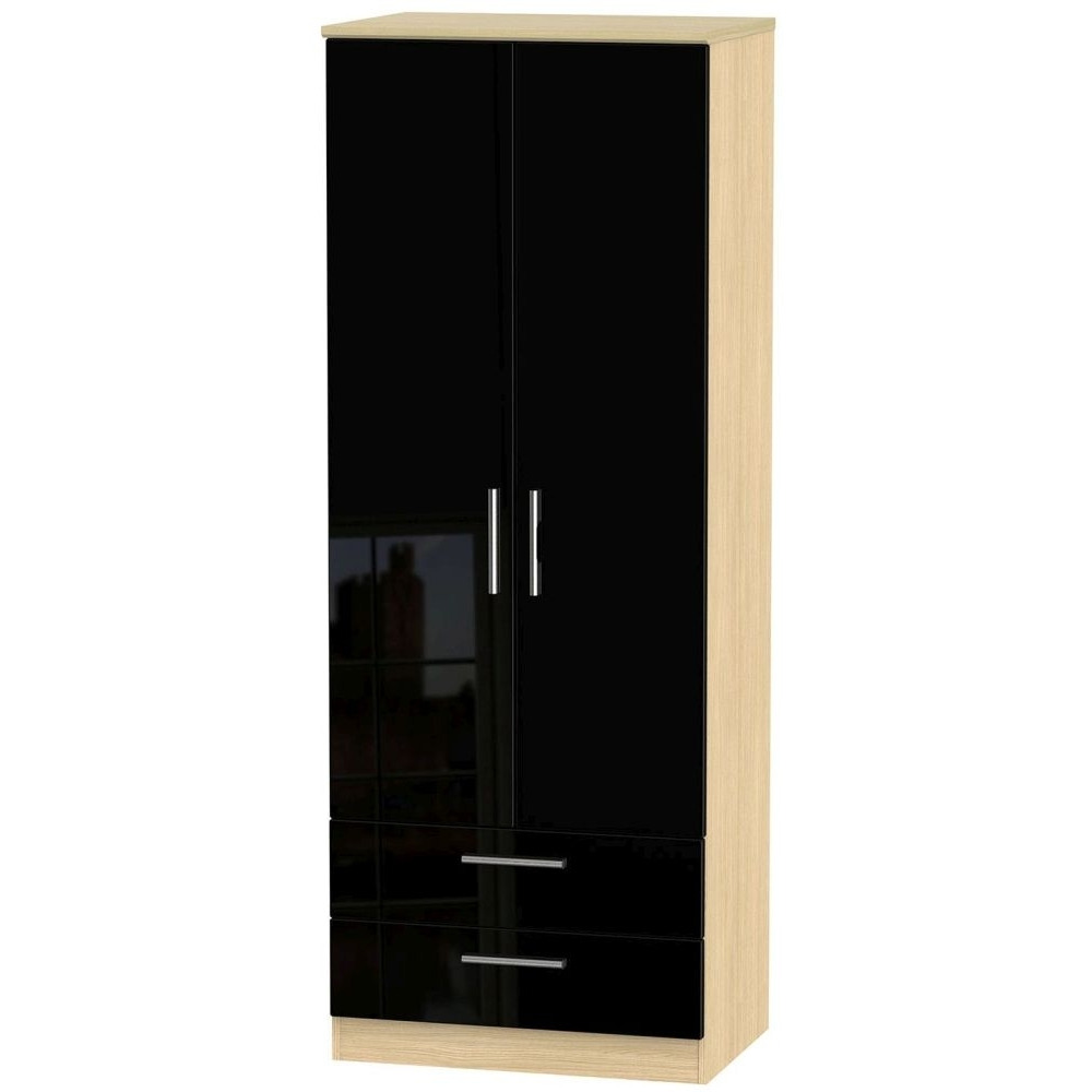 Knightsbridge 2 Door 2 Drawer Tall Wardrobe - High Gloss Black and Light Oak - image 1