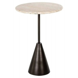 Avalon Travertine Stone and Black Round Side Table