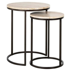 Avalon Travertine Stone and Black Round Side Table (Set of 2)