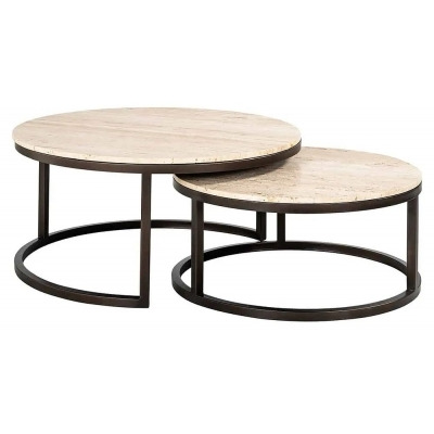 Avalon Travertine Stone and Black Round Coffee Table (Set of 2) - image 1