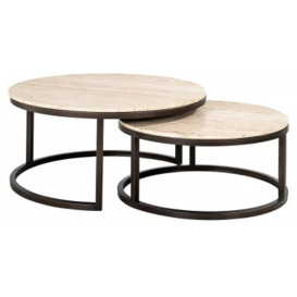 Avalon Travertine Stone and Black Round Coffee Table (Set of 2)