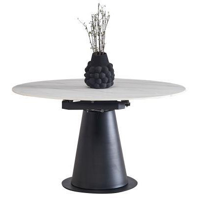 Carrara White Sintered Stone Top 135cm Dia Drop Leaf Round Dining Table with Black Pedestal Base - 4 Seater - image 1