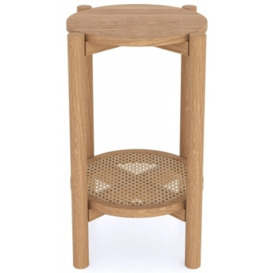 Henley Oak and Rattan Round Side Table with Bottom Shelf