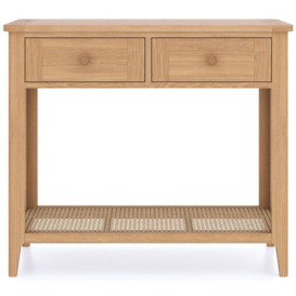 Henley Oak and Rattan Console Table, 2 Drawers with Bottom Shelf