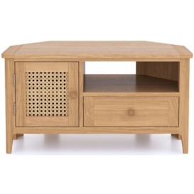 Henley Oak and Rattan Corner TV Unit, 90cm W with Storage for Television Upto 32in Plasma