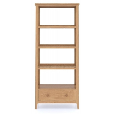 Henley Oak and Rattan Tall Bookcase, Shelving Unit 179cm H with 1 Storage Drawer - image 1