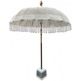 Bali White Macrame Sun Parasol and Base with Terazzo and Large Slate