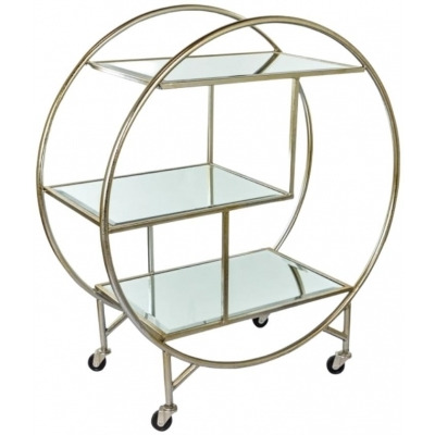 Antique Silver and Champagne Leaf Metal Bar Trolley with Mirror Shelves - image 1