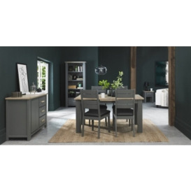 Bentley Designs Oakham Dark Grey and Scandi 4 to 6 Seater Extending Dining Table with 4 Dark Grey Chairs in Dark Grey Bonded Leather