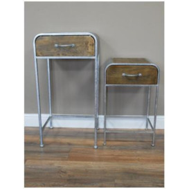 Dutch Industrial Wooden and Silver Metal Side Table - Set Of 2