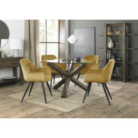 Bentley Designs Turin Glass 4 Seater Round Dining Table Dark Oak Legs with 4 Dali Mustard Velvet Chairs