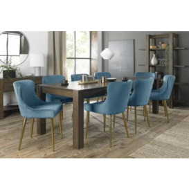 Bentley Designs Turin Dark Oak 6-10 Seater Extending Dining Table with 8 Cezanne Petrol Blue Velvet Chairs - Gold Legs