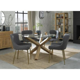 Bentley Designs Turin Glass 4 Seater Dining Table Light Oak Legs with 4 Cezanne Dark Grey Faux Leather Chairs - Gold Legs