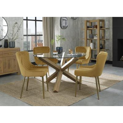 Bentley Designs Turin Glass 4 Seater Dining Table Light Oak Legs with 4 Cezanne Mustard Velvet Chairs - Gold Legs