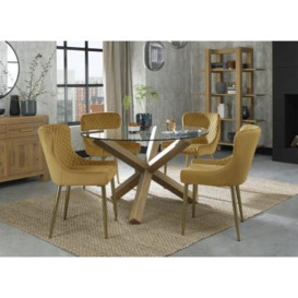 Bentley Designs Turin Glass 4 Seater Dining Table Light Oak Legs with 4 Cezanne Mustard Velvet Chairs - Gold Legs