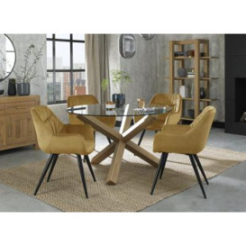 Bentley Designs Turin Glass 4 Seater Dining Table Light Oak Legs with 4 Dali Mustard Velvet Chairs