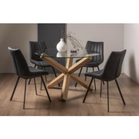 Bentley Designs Turin Glass 4 Seater Dining Table Light Oak Legs with 4 Fontana Dark Grey Suede Fabric Chairs