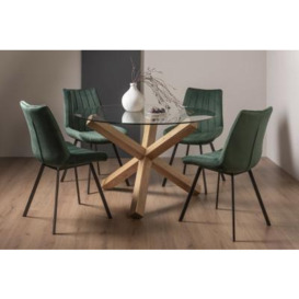 Bentley Designs Turin Glass 4 Seater Dining Table Light Oak Legs with 4 Fontana Green Velvet Chairs
