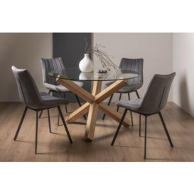 Bentley Designs Turin Glass 4 Seater Dining Table Light Oak Legs with 4 Fontana Grey Velvet Chairs