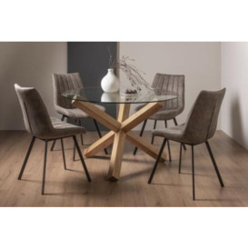 Bentley Designs Turin Glass 4 Seater Dining Table Light Oak Legs with 4 Fontana Tan Faux Suede Fabric Chairs