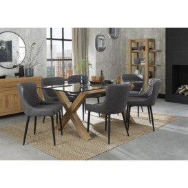 Bentley Designs Turin Glass 6 Seater Dining Table Light Oak Legs with 6 Cezanne Dark Grey Faux Leather Chairs - Black Legs