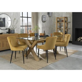 Bentley Designs Turin Glass 6 Seater Dining Table Light Oak Legs with 6 Cezanne Mustard Velvet Chairs - Black Legs