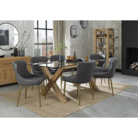Bentley Designs Turin Glass 6 Seater Dining Table Light Oak Legs with 6 Cezanne Dark Grey Faux Leather Chairs - Gold Legs