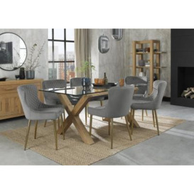 Bentley Designs Turin Glass 6 Seater Dining Table Light Oak Legs with 6 Cezanne Grey Velvet Chairs - Gold Legs