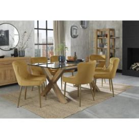Bentley Designs Turin Glass 6 Seater Dining Table Light Oak Legs with 6 Cezanne Mustard Velvet Chairs - Gold Legs