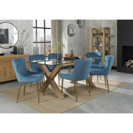 Bentley Designs Turin Glass 6 Seater Dining Table Light Oak Legs with 6 Cezanne Petrol Blue Velvet Chairs - Gold Legs