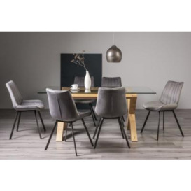 Bentley Designs Turin Glass 6 Seater Dining Table Light Oak Legs with 6 Fontana Grey Velvet Chairs