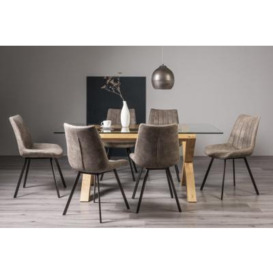 Bentley Designs Turin Glass 6 Seater Dining Table Light Oak Legs with 6 Fontana Tan Faux Suede Fabric Chairs