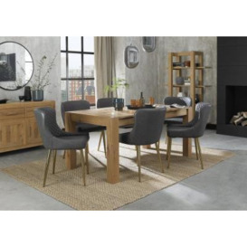 Bentley Designs Turin Light Oak 6-8 Seater Extending Dining Table with 6 Cezanne Dark Grey Faux Leather Chairs - Gold Legs