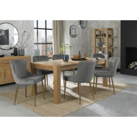 Bentley Designs Turin Light Oak 6-10 Seater Extending Dining Table with 8 Cezanne Grey Velvet Chairs - Gold Legs