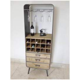 Dutch Retro Industrial Fir Wood and Metal 3 Drawer Wine Cabinet
