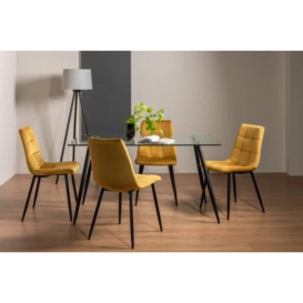 Bentley Designs Martini Clear Glass 6 Seater Dining Table with 4 Mondrian Mustard Velvet Chairs