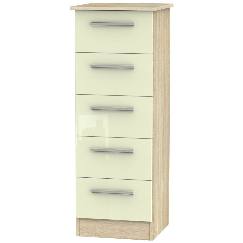 Contrast 5 Drawer Tall Chest - High Gloss Cream and Bardolino