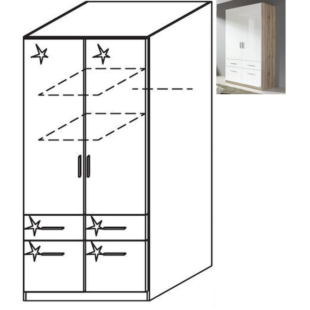 Rauch Celle 2 Door 4 Drawer Wardrobe in Sanremo Oak Light and High Gloss White - W 91cm - image 1